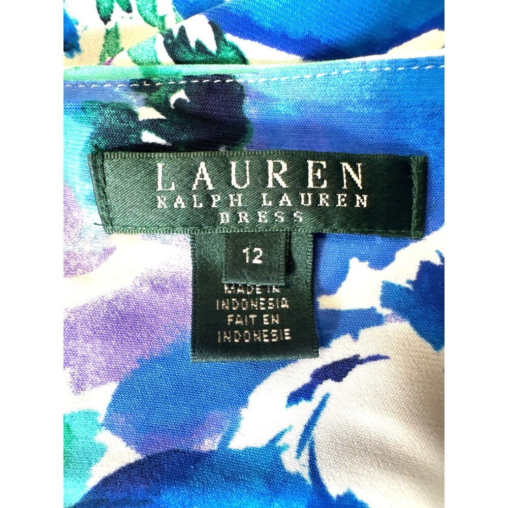 RALPH LAUREN Womens Size 12 Blue Floral Sheath Ruched Cap Sleeve Faux wrap Dress - Picture 5 of 5